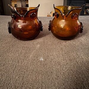 Amber Glass Owl Votive Holders